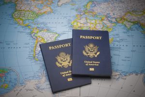 Passports on a map of the world with limited depth of field